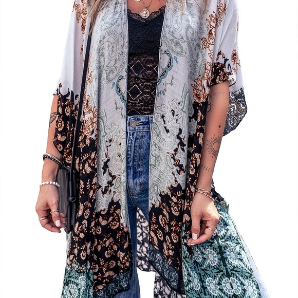 Green Boho Floral Print Irregular Hem Flowy Kimono - Picture 10 of 11